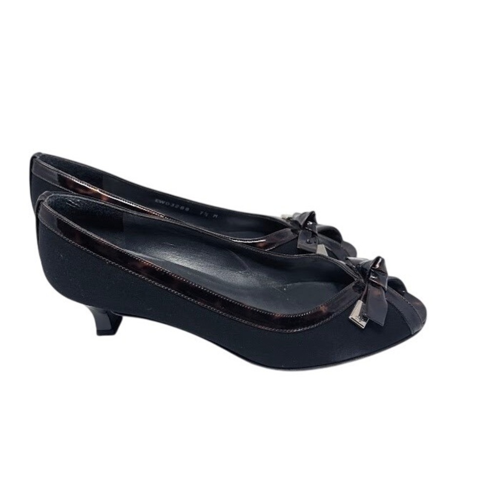 Stuart Weitzman peep toe kitten black Crepe and Faux tortoise print Bow 7.5